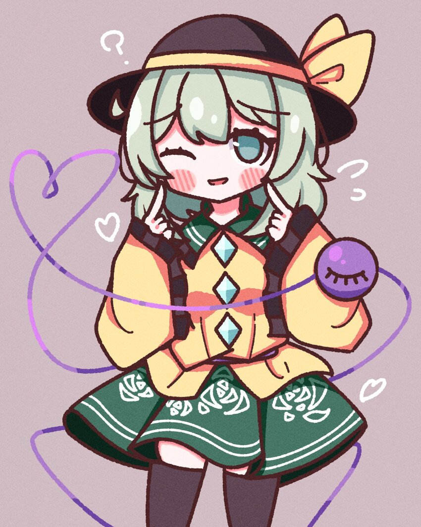 1girl absurdres black_headwear black_leggings blush dress green_eyes green_hair green_skirt highres komeiji_koishi leggings looking_at_viewer simple_background skirt smile solo solo_focus touhou waroemon yellow_dress