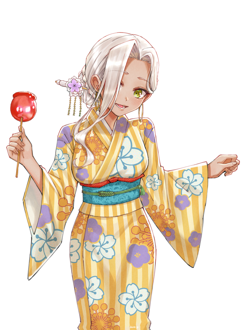 1girl :d absurdres alternate_costume alternate_hairstyle bun_with_braided_base candy_apple commentary dark-skinned_female dark_skin earrings female_focus floral_print flower food green_eyes hair_bun hair_flower hair_ornament hair_over_one_eye hair_stick highres holding_candy_apple hoop_earrings japanese_clothes jewelry jjum_pp kaho_eira kimi_no_koto_ga_dai_dai_dai_dai_daisuki_na_100-nin_no_kanojo kimono long_sleeves looking_at_viewer obi open_mouth print_kimono sash simple_background single_hair_bun smile solo striped_clothes striped_kimono white_background white_hair wide_sleeves yukata