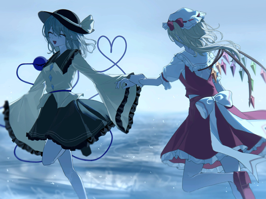 2girls back_bow back_cutout black_hat black_shoes blonde_hair bow buttons closed_eyes clothing_cutout collared_shirt commentary_request crystal crystal_wings diamond_button eyeball flandre_scarlet frilled_shirt_collar frilled_skirt frilled_sleeves frills green_hair green_skirt hand_grab hat hat_bow heart heart_of_string highres komeiji_koishi leg_up long_sleeves mob_cap multicolored_wings multiple_girls ocean one_side_up open_mouth red_shoes red_skirt red_vest shirt shoes skirt skirt_set smile third_eye tomura_amane touhou vest white_hat white_shirt wide_sleeves wings yellow_bow yellow_shirt