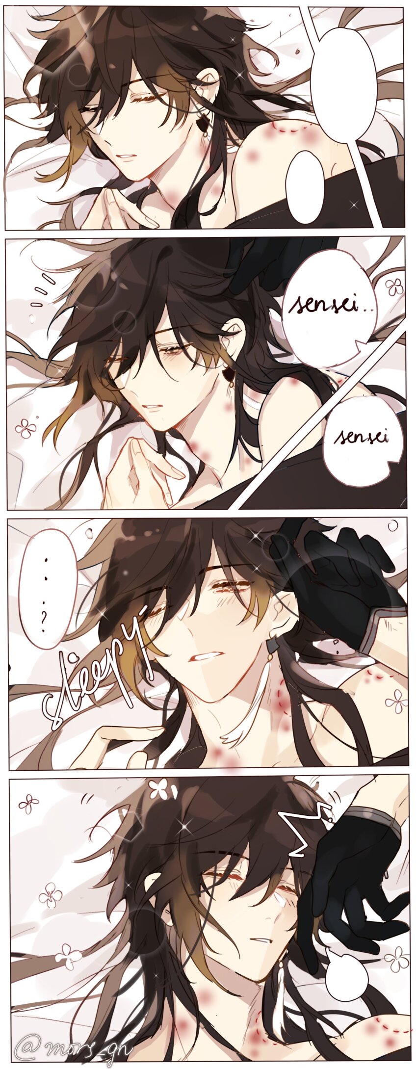 ...? 2boys absurdres alternate_hairstyle bite_mark bite_mark_on_neck bite_mark_on_shoulder blush earrings genshin_impact hickey hickey_marks hickeys_on_neck highres jewelry long_hair mors_gn multiple_boys on_bed single_earring sleeping sleepy tartaglia_(genshin_impact) twitter yaoi zhongli_(genshin_impact)