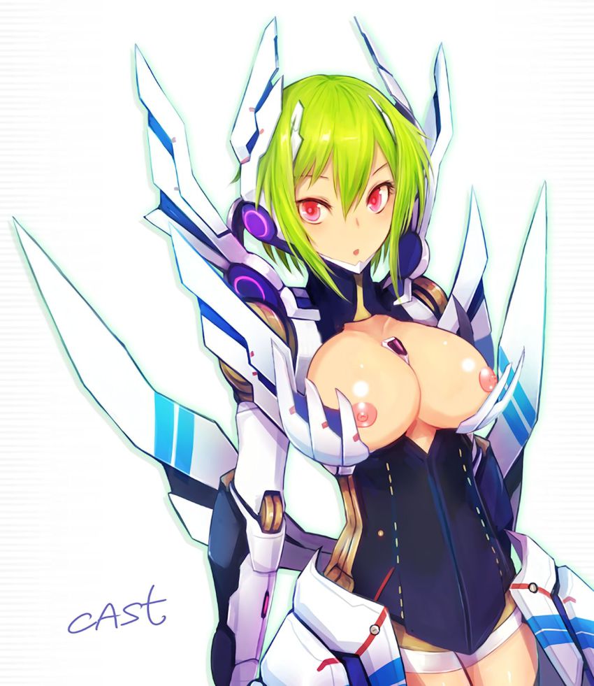 1girl breasts cleavage eternal_form female_focus green_hair highres kara_(color) large_breasts nipples phantasy_star phantasy_star_portable_2 phantasy_star_portable_2_infinity red_eyes short_hair simple_background solo third-party_edit white_background