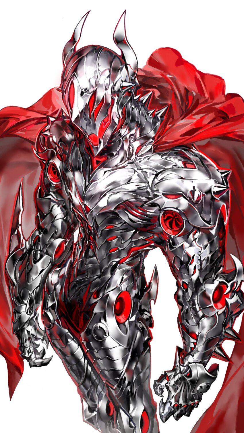 1boy absurdres android armor avengers_(series) cape glowing highres horns humanoid_robot male_focus marvel mecha nameno92372763 no_humans red_eyes robot simple_background solo ultron white_background
