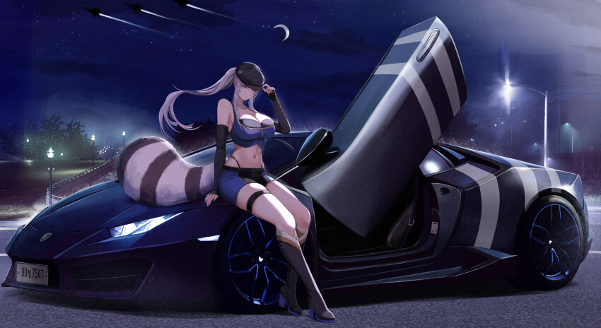1girl absurdres aircraft armpit_crease bare_shoulders black_boots blue_car blue_eyes blue_shirt blue_shorts boots breasts cabbie_hat car cleavage closed_mouth commission crescent_moon crop_top detached_sleeves expressionless floating_hair gold_trim hand_on_headwear hand_up hat high_heel_boots high_heels highleg highres kcar66t knee_boots lamborghini lamborghini_huracan large_breasts long_hair long_sleeves looking_at_viewer midriff moon motor_vehicle navel night on_car original outdoors panty_straps pixiv_commission ponytail scissor_doors shirt short_shorts shorts sidelocks sitting_on_car skindentation sleeveless sleeveless_shirt solo spaghetti_strap sports_car stomach thigh_strap thighs two-tone_shorts white_hair wide_shot