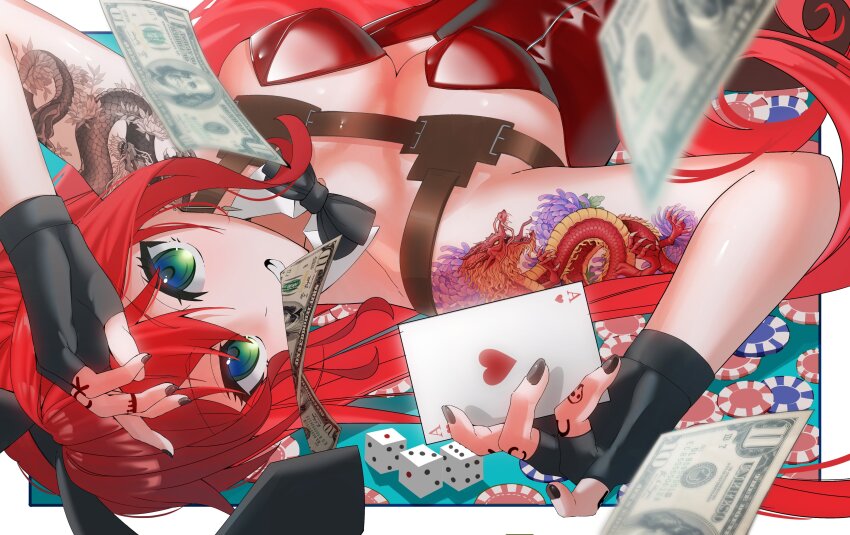 1girl absurdres ace_(playing_card) ace_of_hearts animal_ear_hairband animal_ears arm_tattoo banknote black_bow black_bowtie black_gloves black_nails bow bowtie breasts card detached_collar dice dollar_bill dragon_tattoo elly_(vtuber) elly_(vtuber)_(bunny) fake_animal_ears fingerless_gloves gloves green_eyes hairband heart highres holding holding_card indie_virtual_youtuber kizawayoh leotard long_hair money playing_card poker_chip rabbit_ear_hairband rabbit_ears red_hair red_leotard shadow solo tattoo virtual_youtuber