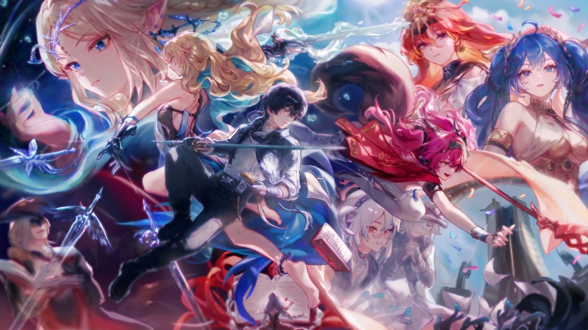 absurdres ahoge augusta_(wuthering_waves) bare_shoulders bibimbub black_jacket black_pants blonde_hair blue_hair book breasts buling_(wuthering_waves) cartethyia_(wuthering_waves) closed_mouth colored_inner_hair cristoforo_(wuthering_waves) crown_of_thorns earrings fleurdelys_(wuthering_waves) floating floating_earrings floating_object floating_sword floating_weapon glasses gold_bra grey_shirt hair_between_eyes hand_up head_wreath highres holding holding_polearm holding_weapon iuno_(wuthering_waves) jacket jewelry large_breasts long_hair lupa_(wuthering_waves) male_rover_(wuthering_waves) multicolored_hair mya_(wuthering_waves) open_book orange_hair own_hands_clasped own_hands_together pants phrolova_(wuthering_waves) pince-nez pink_hair pointy_ears polearm round_eyewear rover_(wuthering_waves) shirt sidelocks sun_earrings sunglasses sword tacet_mark_(wuthering_waves) tail weapon wolf_tail wuthering_waves yellow_eyes