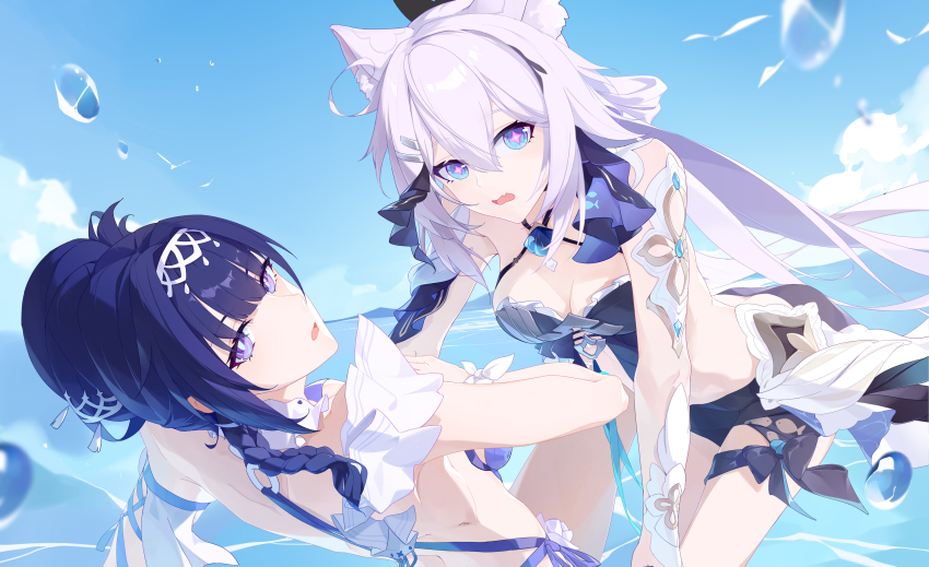 2girls absurdres animal_ears blue_hair braid breasts butt_crack cat_ears dark_blue_hair gradient_eyes highres honkai_(series) honkai_impact_3rd kiana_kaslana kiana_kaslana_(herrscher_of_finality) kiana_kaslana_(selenic_ripples) long_hair medium_breasts multicolored_clothes multicolored_eyes multiple_girls ocean official_alternate_costume open_mouth raiden_mei raiden_mei_(crooning_tides) raiden_mei_(herrscher_of_origin) swimsuit thighs via_shinan white_hair