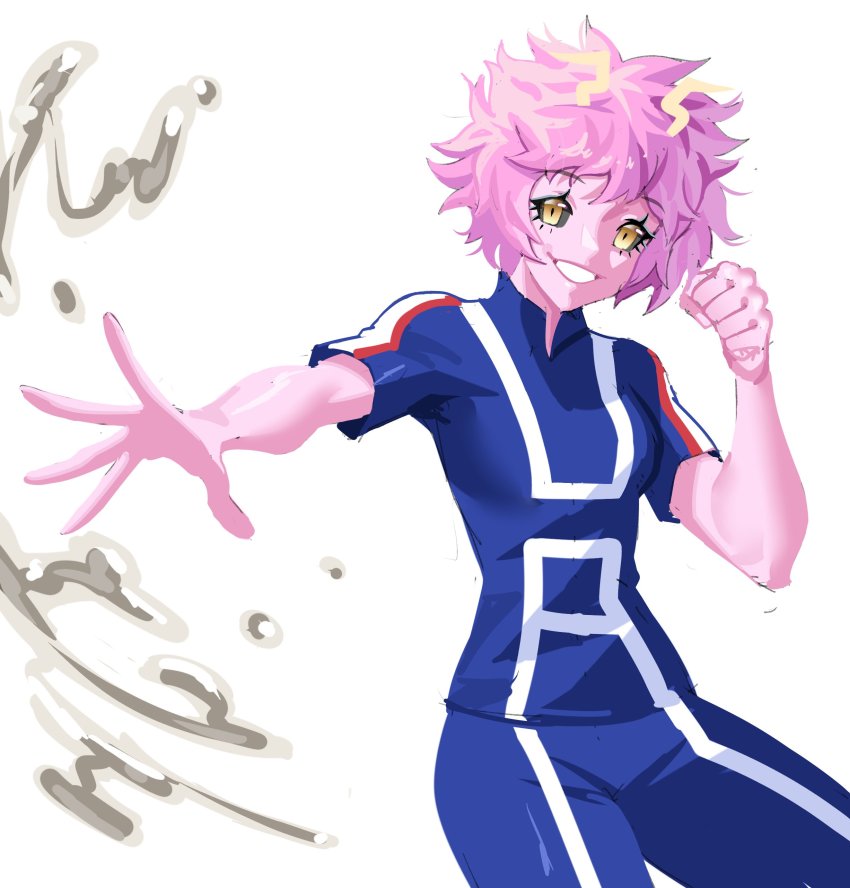 1girl absurdres acid ashido_mina black_sclera boku_no_hero_academia clenched_hand colored_sclera colored_skin daniaeru highres horns open_hand pink_hair pink_skin short_hair smile solo uniform white_background yellow_eyes