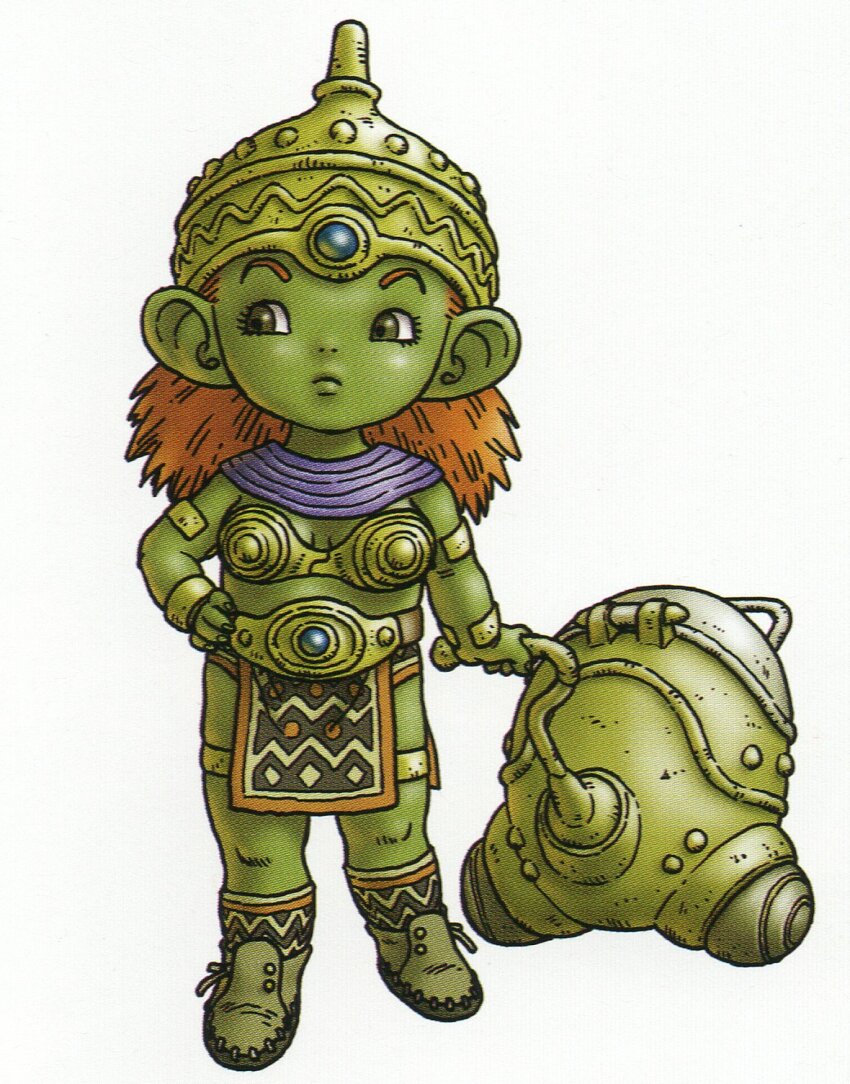 1girl armlet blue_gemstone bra bracelet breasts cleavage colored_skin dragon_quest dragon_quest_x dwarf_(dq10) frown full_body gem gold_armlet gold_bra gold_bracelet gold_thighlet green_skin grey_eyes hand_on_own_hip hat heroine_(dq10) highres jewelry large_ears long_hair looking_to_the_side midriff official_art orange_hair pelvic_curtain petite scan small_breasts solo strapless strapless_bra thighlet third-party_source toriyama_akira tribal underwear white_background