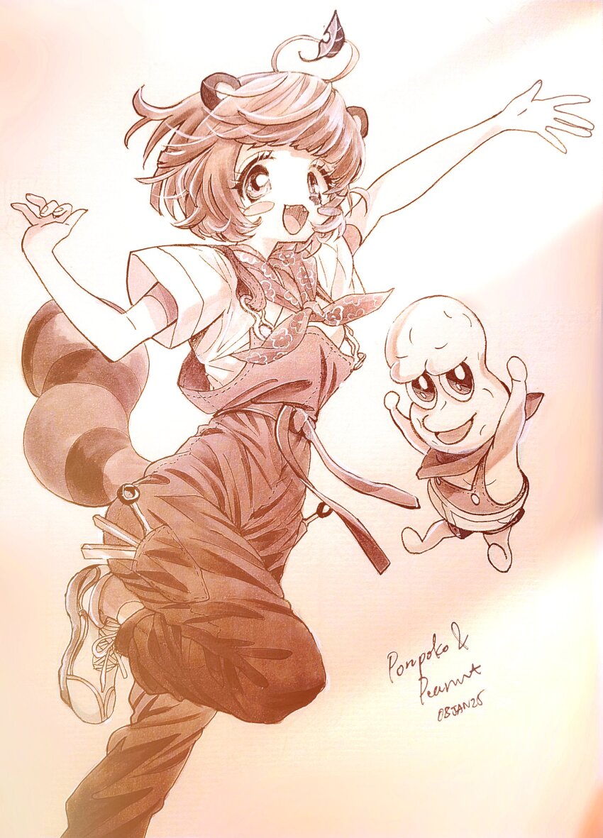 1boy 1girl animal_ears arm_up aya_carmine blush_stickers highres leaf leaf_on_head looking_at_viewer mode_aim monochrome open_mouth overalls peanuts-kun photo_(medium) ponpoko_(vtuber) raccoon_ears raccoon_girl raccoon_tail shoes short_hair smile sneakers tail traditional_media virtual_youtuber