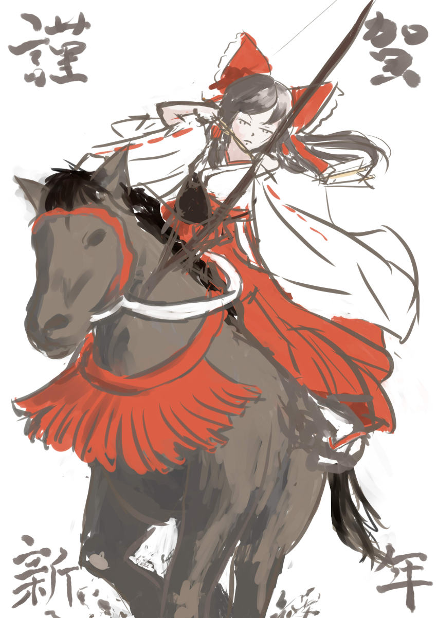 1girl absurdres archery arrow_(projectile) black_hair bow bow_(weapon) drawing_bow female_focus hair_bow hair_tubes hakurei_reimu highres holding holding_bow_(weapon) holding_weapon horse horseback_archery horseback_riding japanese_clothes koshi_(koshi_vortex) long_hair miko new_year red_bow red_ribbon ribbon ribbon-trimmed_sleeves ribbon_trim riding solo touhou weapon