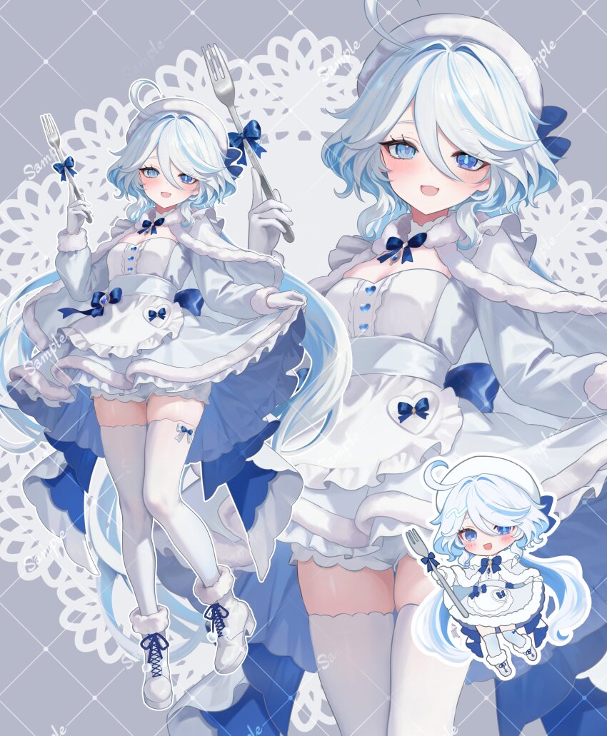 1girl absurdres alternate_costume bloomers blue_eyes blue_hair breasts cape capelet cloak commentary_request dress fork fur-trimmed_capelet fur-trimmed_dress fur_trim furina_(genshin_impact) genshin_impact gloves grey_cape grey_dress grey_hair heterochromia highres holding holding_fork long_hair maid multiple_views open_mouth riku_(rrr_gns) shoes skirt_hold small_breasts thighhighs underwear watermark watermark_grid wavy_hair white_bloomers white_dress white_gloves white_shoes white_thighhighs winter_clothes