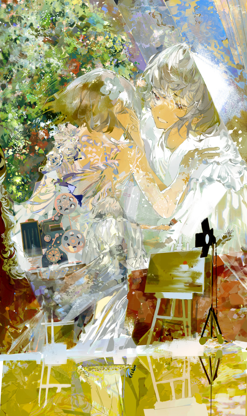3girls absurdres art_study canvas_(object) chinese_commentary commentary_request crying crying_with_eyes_open dress gears grey_hair hand_on_another&#039;s_face hand_on_another&#039;s_shoulder highres holding holding_paintbrush kui_(necessarytothink) long_dress multiple_girls necessarytothink original paint paintbrush procreate_(medium) red_eyes reflection tears white_dress