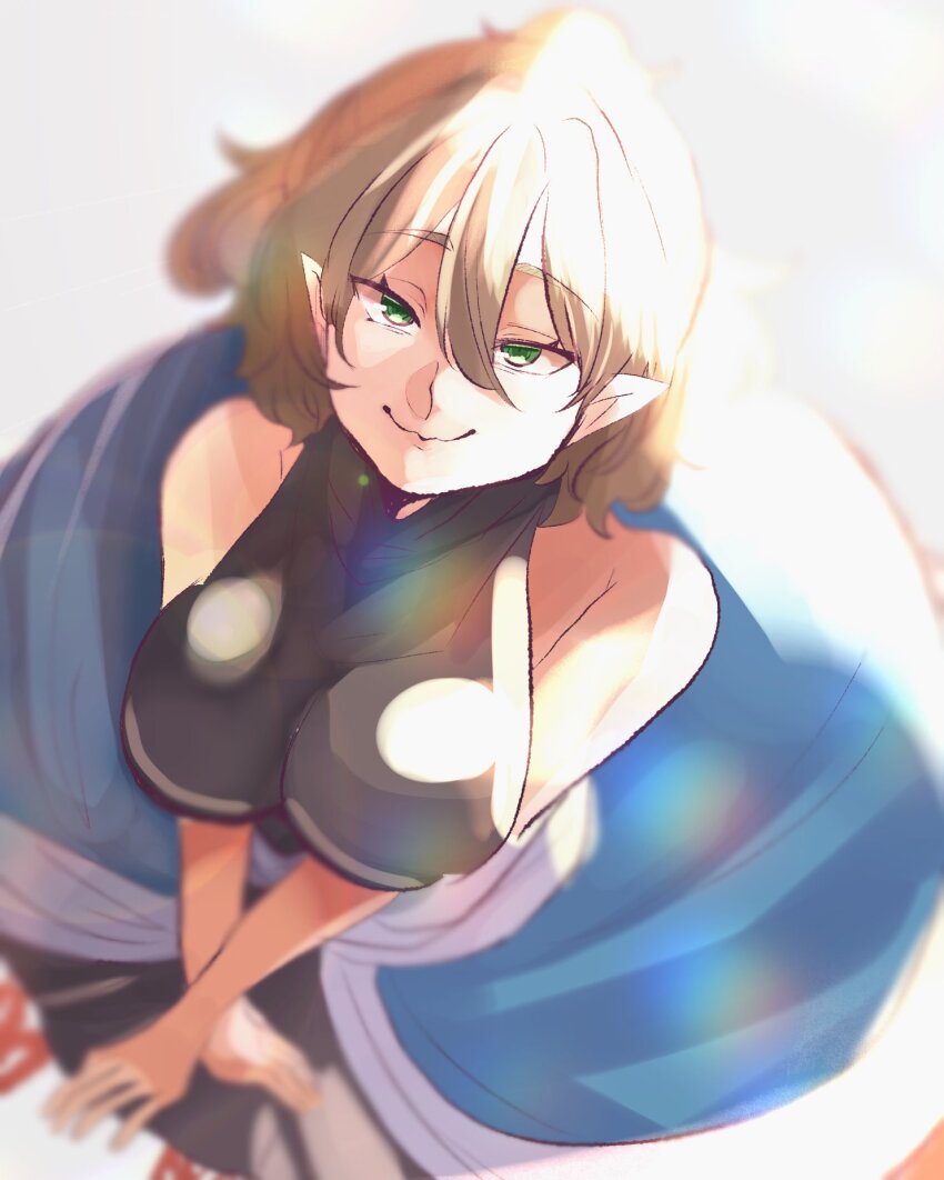 1girl black_undershirt blonde_hair blue_skin blurry breasts breasts_squeezed_together colored_skin crossed_wrists depth_of_field from_above green_eyes highres inubota_21 large_breasts lens_flare looking_at_viewer mizuhashi_parsee pointy_ears shirt sidelighting sleeveless sleeveless_shirt smile solo touhou