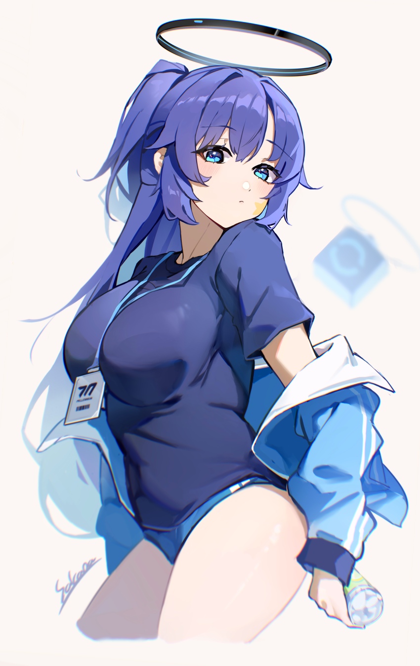 1girl absurdres blue_archive blue_buruma blue_eyes blue_jacket blue_shirt bottle buruma facial_tattoo highres holding holding_bottle jacket long_hair looking_at_viewer official_alternate_costume official_alternate_hairstyle ponytail purple_hair sakanafish shirt solo star_tattoo tattoo water_bottle yuuka_(blue_archive) yuuka_(track)_(blue_archive)