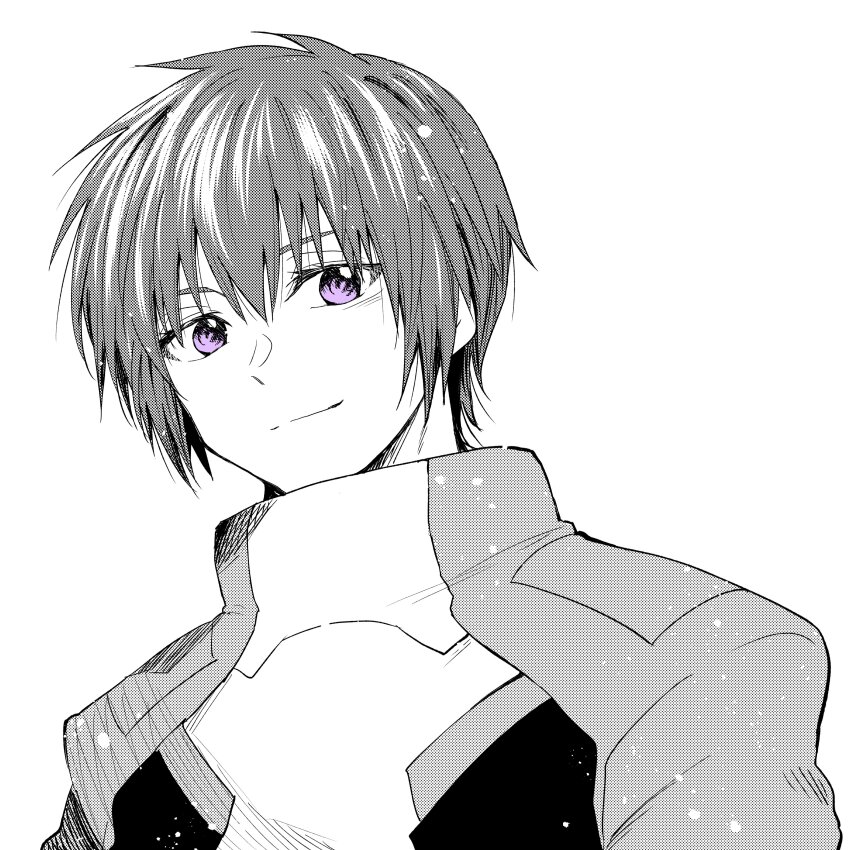 1boy absurdres closed_mouth gundam gundam_seed hair_between_eyes high_collar highres kira_yamato kudou_makoto light_smile looking_at_viewer male_focus mecha_pilot_suit monochrome normal_suit_(gundam) pilot_suit purple_eyes short_hair solo spot_color uniform upper_body white_background