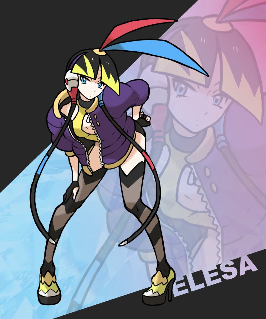 1girl absurdres alternate_costume alternate_hairstyle antenna_hair black_gloves black_hair blonde_hair blue_eyes blue_hair blunt_bangs character_name commentary elesa_(pokemon) english_commentary eyelashes full_body gloves hand_on_own_leg high_heels highres jacket multicolored_hair nintendo open_clothes open_jacket partially_fingerless_gloves pokemon pokemon_bw purple_jacket red_hair rgreywind short_sleeves solo standing striped_clothes striped_thighhighs thighhighs
