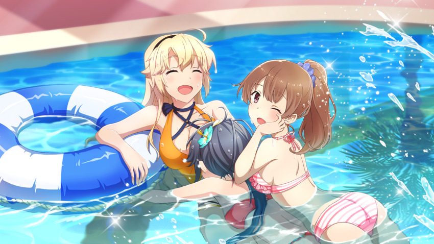 3girls :d ahoge ass back bikini blonde_hair blush breasts brown_hair cleavage closed_eyes collarbone day game_cg hair_ornament hair_scrunchie hand_on_own_cheek hand_on_own_face innertube kohagura_ellen large_breasts long_hair looking_at_viewer medium_breasts mizushina_kinuka multiple_girls non-web_source one_eye_closed open_mouth orange_bikini outdoors partially_submerged pink_bikini ponytail pool red_bikini scrunchie sidelocks smile splashing swim_ring swimsuit toji_no_miko toji_no_miko:_kizamishi_issen_no_tomoshibi very_long_hair water wet yamashiro_yui