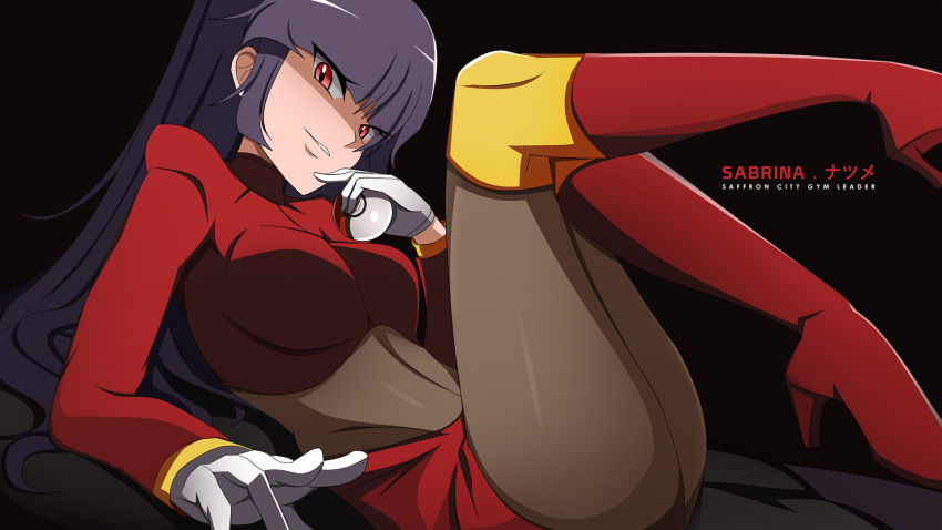 1girl black_hair blunt_bangs bodysuit boots breasts creatures_(company) crop_top game_freak gloves highres holding holding_poke_ball knee_boots large_breasts long_hair long_sleeves looking_at_viewer nintendo pantyhose poke_ball poke_ball_(basic) pokemon pokemon_frlg red_eyes red_skirt sabrina_(pokemon) skirt solo vivivoovoo white_gloves