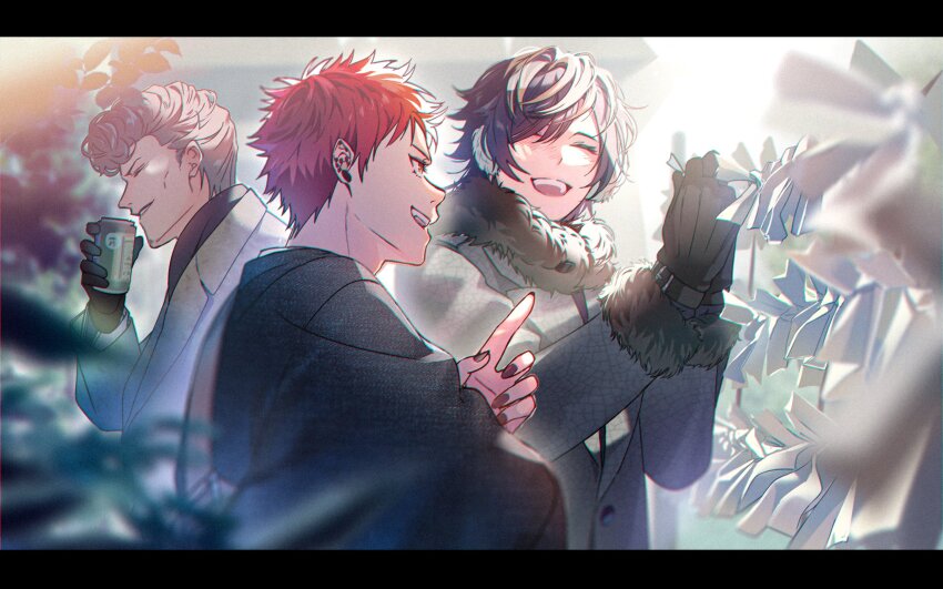 3boys ^_^ aimono_jyushi amaguni_hitoya bad_ass_temple belt belt_buckle black_belt black_border black_gloves black_hair black_jacket black_nails black_scarf blurry blurry_foreground border buckle can cheekbones closed_eyes coat coattails curly_hair drink_can ear_piercing earmuffs eyelashes from_side fur-trimmed_sleeves fur_scarf fur_trim gloves grey_coat grey_hair harai_kuko highres holding holding_can hypnosis_mic jacket leaf letterboxed long_sleeves male_focus minami_kazuki_(hanbee) multiple_boys nail_polish open_mouth outdoors parted_lips piercing pointing red_eyes red_hair scarf short_hair smile soda_can teeth torii tying upper_body upper_teeth_only winter_clothes wrist_belt