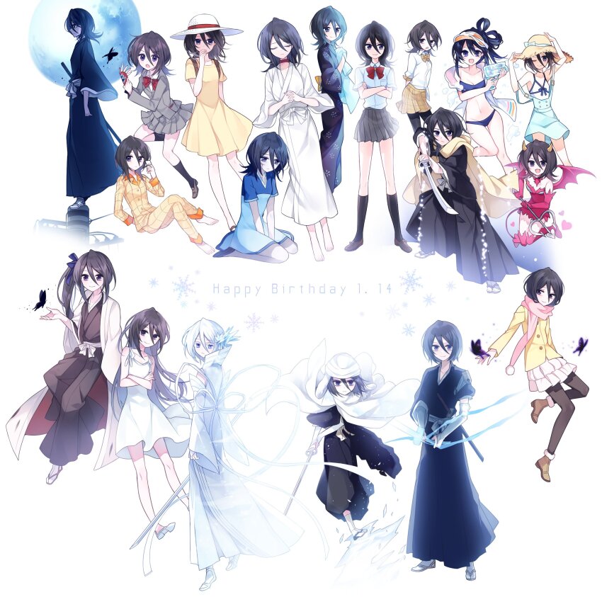 1girl 2022 ;) aqua_dress arm_warmers bankai bikini black_butterfly black_hair black_hakama black_kimono black_pantyhose black_socks bleach bleach:_brave_souls bleach:_epilogue bleach:_sennen_kessen-hen blood blood_on_face bloom blue_bikini blue_dress bow bowtie bug butterfly cape casual cellphone closed_eyes closed_mouth collared_shirt colored_eyelashes commentary covered_mouth crossed_arms crossed_legs dated_commentary demon_girl demon_horns detached_sleeves double-parted_bangs dress elbow_gloves fighting_stance fingerless_gloves flip_phone full_moon g_ieep gloves glowing glowing_sword glowing_weapon grey_jacket grey_skirt hair_between_eyes hair_down hair_ornament hair_ribbon hair_rings hakama hakka_no_togame_(bankai) halloween_costume hand_up haori happy_birthday hashtag-only_commentary hat highres holding holding_phone holding_sword holding_polearm holding_weapon horns ice insect jacket japanese_clothes kanzashi katana kimono kneehighs kneeling kuchiki_rukia long_hair long_ribbon long_sleeves looking_at_viewer looking_down lying medium_hair miniskirt moon multiple_views navel official_alternate_costume official_alternate_hair_length official_alternate_hairstyle on_back one_eye_closed orange_pajamas pajamas pantyhose phone pink_gloves pink_scarf plaid_clothes plaid_skirt pleated_skirt polearm pom_pom_(clothes) profile purple_eyes purple_kimono purple_ribbon red_bow red_bowtie red_gloves ribbon scarf school_uniform shirt short_dress short_hair side_ponytail sidelocks simple_background sitting skirt skull_print sleeveless sleeveless_dress smile snowflake_print socks sode_no_shirayuki_(shikai) standing standing_on_one_leg straight_hair strapless strapless_dress straw_hat sundress swimsuit sword tabi taichou_haori trident very_long_hair visor_cap weapon white_arm_warmers white_background white_cape white_dress white_hair white_kimono white_ribbon white_shirt wide_shot wide_sleeves winter_clothes yellow_dress yellow_skirt