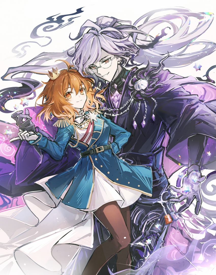 1boy 1girl ahoge aiguillette akiko54124 belt belt_buckle black_belt black_gloves black_kimono blue_jacket brown_pantyhose buckle cape chinese_commentary closed_mouth commentary_request corset cross-shaped_pupils crown dress edmond_dantes_(fate) epaulettes eyewear_strap fate/grand_order fate_(series) fujimaru_ritsuka_(female) fujimaru_ritsuka_(female)_(halloween_royalty) glasses gloves grin highres index_finger_raised jacket japanese_clothes kimono long_hair long_sleeves looking_at_viewer medium_hair mini_crown official_alternate_costume orange_eyes orange_hair pantyhose purple_cape purple_hair red_eyes round_eyewear saint_quartz_(fate) simple_background smile symbol-shaped_pupils the_count_of_monte_cristo_(fate) the_count_of_monte_cristo_(fgo_fes._2024)_(fate) very_long_hair white_background white_dress white_gloves wide_sleeves