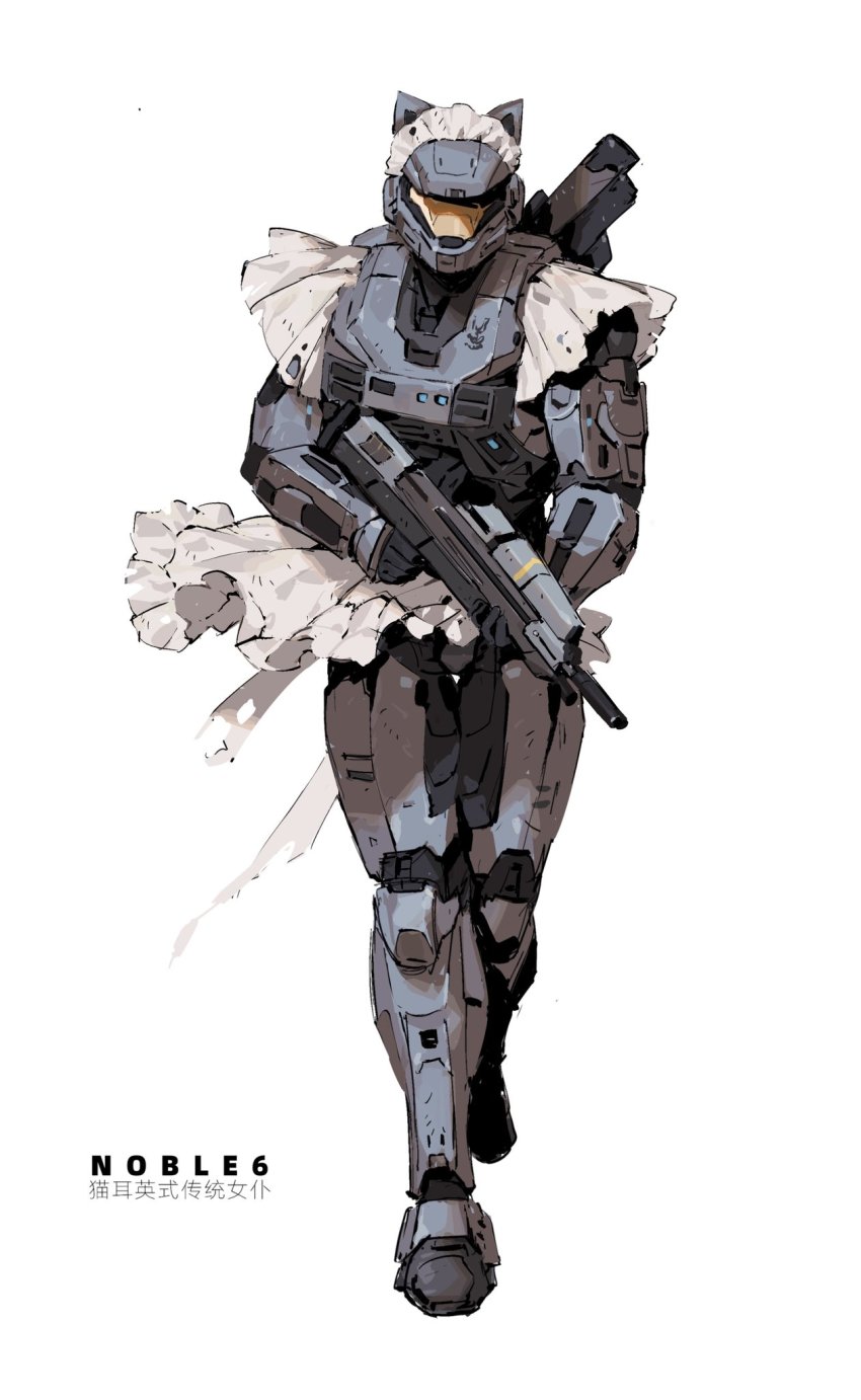 1boy alternate_costume animal_ears apron armor assault_rifle bullpup cat_ears armor_under_clothes frilled_apron frills full_armor gun halo:_reach halo_(series) helmet highres holding holding_gun holding_weapon ma5 maid_apron maid_headdress power_armor rifle simple_background solo spartan-b312 spartan_(halo) standing taocan_shisi_hao weapon white_apron white_background