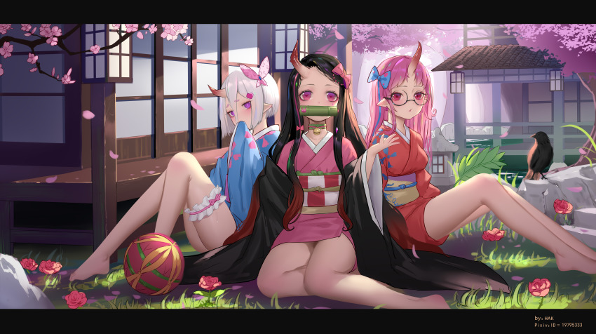 3girls absurdres animal ball bamboo barefoot bell bird bit_gag black-framed_eyewear black_hair blue_bow blue_kimono bow branch brown_hair butterfly_hair_ornament character_request checkered_sash cherry_blossoms commentary_request copyright_name flower forehead gag glasses gradient_hair hair_bow hair_ornament heart highres hk_(hk) horns japanese_clothes jingle_bell kamado_nezuko kimetsu_no_yaiba kimono knees_up letterboxed long_hair long_sleeves looking_at_viewer mouth_hold multicolored_hair multiple_girls obi on_grass oni_horns open_clothes parted_bangs petals pink_bow pink_flower pink_hair pink_kimono pixiv_id pointy_ears red_eyes red_kimono round_eyewear sash short_hair silver_hair single_horn sitting spoilers sweat thick_eyebrows thigh_strap third-party_edit very_long_hair water wide_sleeves yokozuwari