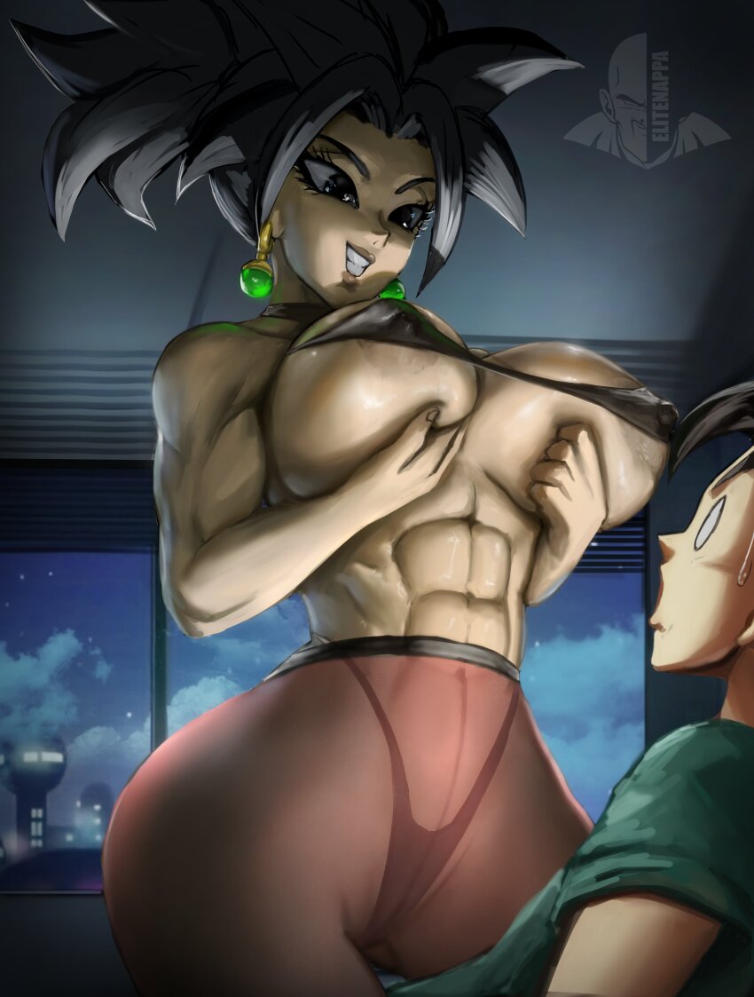 1boy 1girl abs absurdres areola_slip bikini black_bikini black_eyes black_hair breasts cabba covered_erect_nipples dragon_ball dragon_ball_super earrings elite_nappa girl_on_top grabbing_own_breast highres jewelry kefla_(dragon_ball) looking_down micro_bikini muscular muscular_female night panties panties_under_pantyhose pantyhose potara_earrings red_legwear smile spiked_hair surprised swimsuit thighs underwear window