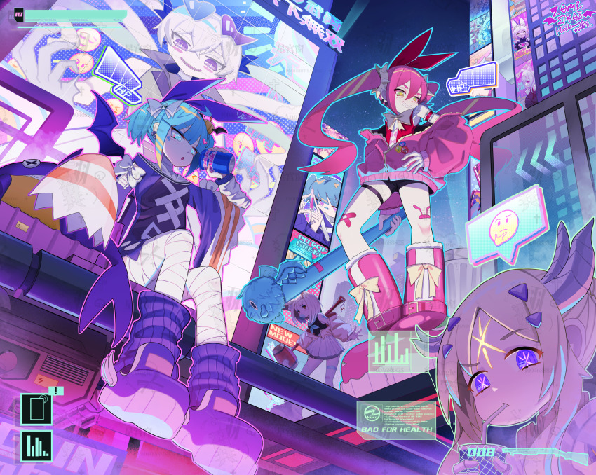4girls absurdres alternate_costume animal_ears ash_blossom_&amp;_joyous_spring bandages blonde_hair blue_eyes blue_hair blush braid building can demon_girl demon_wings dog_ears dog_girl dogmatika_ecclesia_the_virtuous drink_can drinking_straw drinking_straw_in_mouth duel_monster ecclesia_(yu-gi-oh!) emoji evil_twin&#039;s_trouble_sunny evil_twin_ki-sikil eyewear_on_head facial_mark forehead_mark green_eyes hair_ornament hammer hand_on_own_hip heart heart_hands highres holding holding_can holding_hammer i:p_masquerena jacket ki-sikil_(yu-gi-oh!) lil-la_(yu-gi-oh!) live_twin_lil-la_treat long_hair long_sleeves looking_at_viewer maliss_&lt;p&gt;_chessy_cat maliss_&lt;p&gt;_dormouse multiple_girls neon_sign official_alternate_costume open_mouth original pink_hair pink_jacket purple_eyes sharp_teeth short_hair sitting skirt sleeves_past_wrists smile soda_can sunglasses teeth thinking_emoji twintails very_long_hair virtual_youtuber winged_kuriboh wings xinggong_shili yu-gi-oh!
