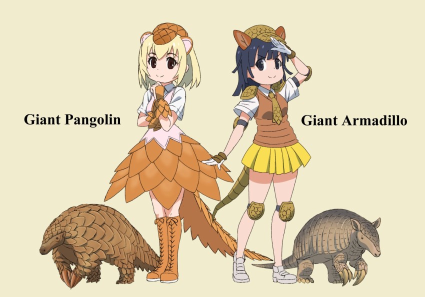 2girls armadillo armadillo_ears armadillo_tail beige_background black_eyes black_hair blonde_hair blouse boots brown_footwear brown_gloves brown_headwear brown_neckwear brown_sweater character_name commentary_request creature_and_personification dress_shirt elbow_pads english_text flat_cap giant_armadillo_(kemono_friends) giant_pangolin_(kemono_friends) gloves grey_footwear half_gloves hat highres kemono_friends kemono_friends_2 knee_boots knee_pads lace-up_boots looking_at_viewer medium_hair miniskirt multiple_girls name_connection necktie no_socks pangolin pangolin_ears pangolin_tail personification pleated_skirt shirt shoes short_hair short_sleeves simple_background skirt sneakers standing sweater sweater_vest white_gloves white_shirt wing_collar yamaguchi_yoshimi yellow_background yellow_skirt