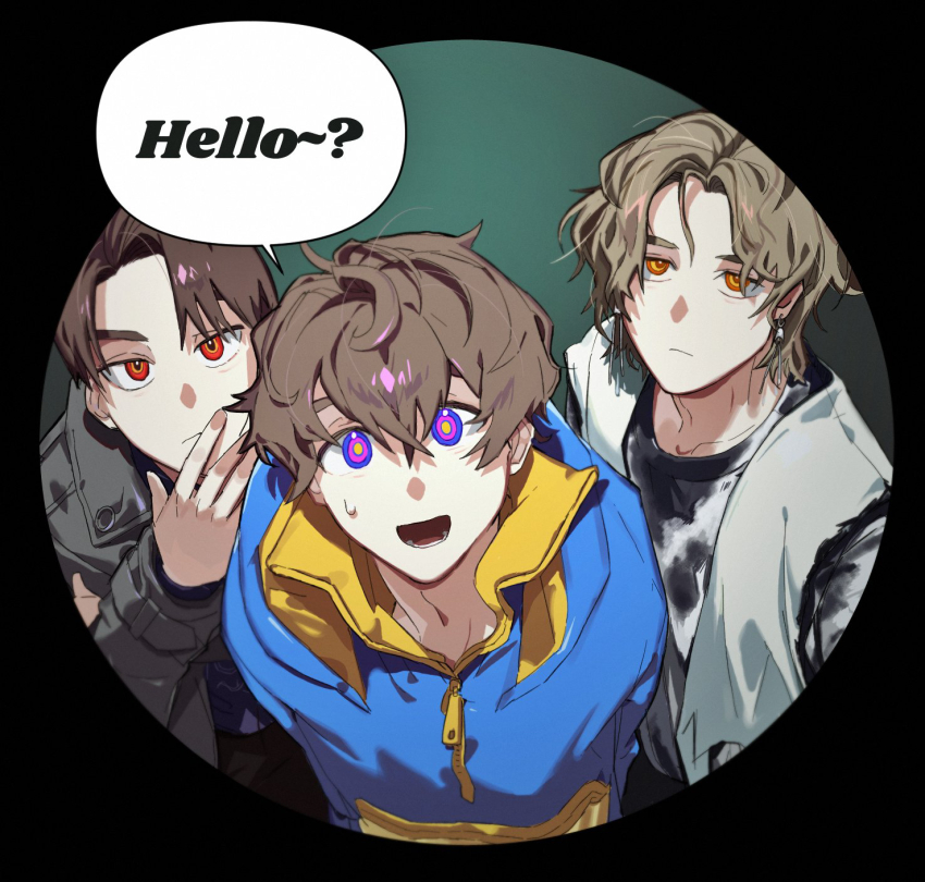 3boys blue_hoodie brown_hair earrings highres hood hoodie inoue_shouma jewelry kamen_rider kamen_rider_gavv kamen_rider_gavv_(series) karakida_hanto lakia_amarga male_focus multiple_boys open_mouth orange_eyes purple_eyes red_eyes rouwstakn short_hair