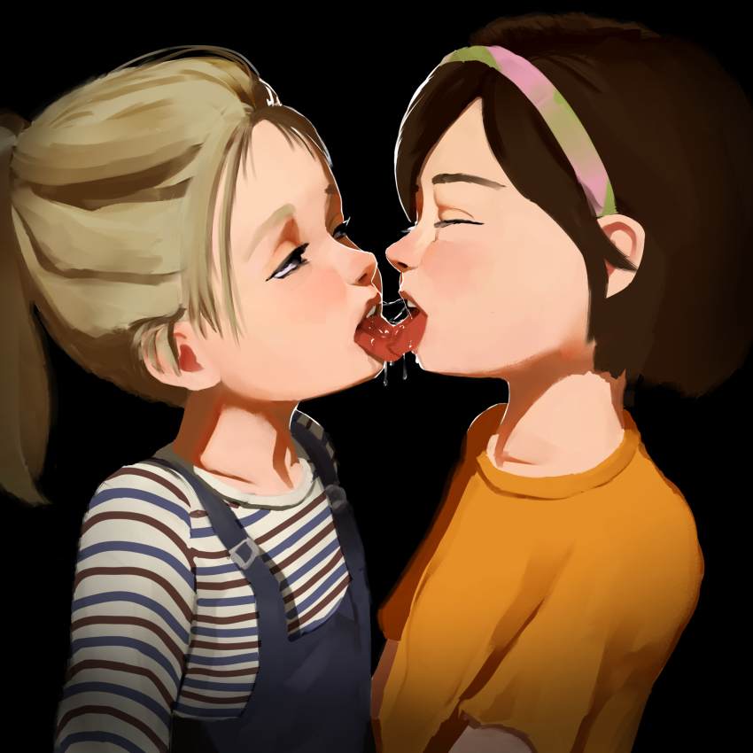 2girls black_background black_eyes blonde_hair blue_overalls blue_shirt brown_hair brown_shirt cheryl_mason closed_eyes denim_overalls drooling eyebrows eyelashes female_focus french_kiss from_side highres kiss kodomo_doushi laura_(silent_hill) loli long_sleeves looking_at_another medium_hair multicolored_shirt multiple_girls nose open_mouth orange_shirt overalls ponytail profile saliva saliva_trail shirt short_hair silent_hill silent_hill_(series) silent_hill_2 simple_background striped_clothes striped_shirt supeku teeth tongue tongue_out upper_teeth_only white_shirt yuri