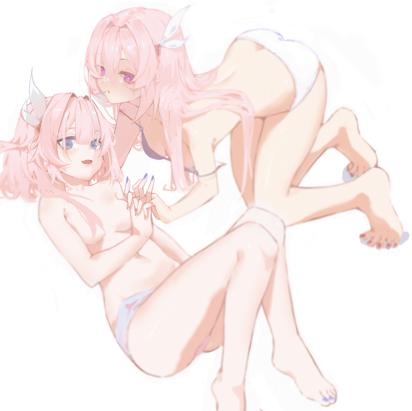 2girls absurdres ass bare_legs bare_shoulders barefoot bent_over bikini bikini_bottom_only blue_eyes breasts chinese_commentary color_connection commentary_request company_connection cyrene_(honkai:_star_rail) elysia_(herrscher_of_human:_ego)_(honkai_impact) elysia_(honkai_impact) feet feng_ruoli_321 hair_censor hair_color_connection hair_ornament highres honkai:_star_rail honkai_(series) honkai_impact_3rd inoue_marina interlocked_fingers legs long_hair looking_at_viewer medium_breasts multiple_girls nail_polish navel purple_bikini purple_eyes short_hair stomach swimsuit toenail_polish toenails topless_female voice_actor_connection white_bikini yanning