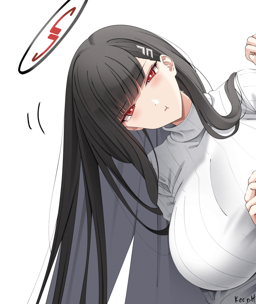1girl black_hair black_halo blue_archive breasts bright_pupils hair_ornament hairclip hairpin halo highres huge_breasts keenh long_hair long_sleeves looking_at_viewer red_eyes ringed_eyes rio_(blue_archive) solo sweater turtleneck turtleneck_sweater very_long_hair white_pupils white_sweater