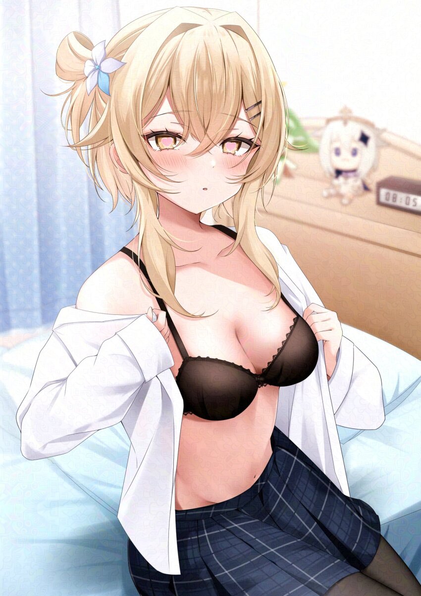 1girl alarm_clock alternate_costume black_bra black_pantyhose blonde_hair blue_skirt blush bra breasts character_doll cleavage clock collarbone commentary_request doll flower genshin_impact hair_between_eyes hair_flower hair_ornament heart heart_in_eye highres indoors komor_yuki long_sleeves looking_at_viewer lumine_(genshin_impact) medium_breasts navel on_bed open_clothes open_mouth open_shirt paimon_(genshin_impact) pantyhose peanut_mouth pleated_skirt shirt short_hair_with_long_locks sitting skirt solo stomach symbol_in_eye translation_request underwear white_flower white_shirt yellow_eyes