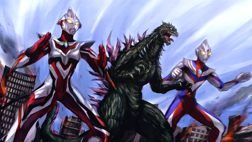 3boys alien arm_blade armor black_skin breastplate byneet claws clenched_hand color_timer colored_skin commission compound_eyes crossover dorsal_fin evoltruster forehead_jewel giant giant_monster glowing glowing_eyes godzilla godzilla_(series) godzilla_vs._megaguirus highres jaw kaiju long_tail monster multicolored_skin multiple_boys no_humans open_mouth pixiv_commission purple_skin red_skin scales sharp_teeth silver_bodysuit silver_skin spines standing tail teeth toho tokusatsu tsuburaya_productions ultra_series ultraman_nexus ultraman_nexus_(series) ultraman_nexus_junis ultraman_tiga ultraman_tiga_(multi_type) ultraman_tiga_(series) weapon yellow_eyes