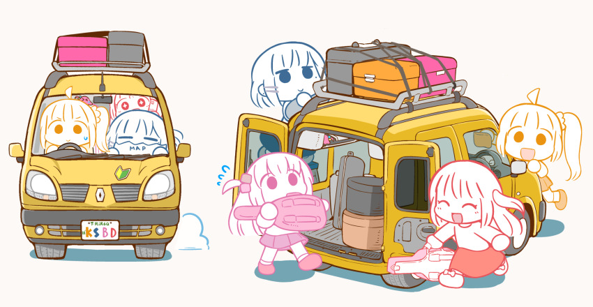 4girls ahoge blob blush bocchi_the_rock! cable_tie car chibi closed_eyes closed_mouth commentary_request driving flying_sweatdrops gotoh_hitori guitar_case hanomido high_side_ponytail highres ijichi_nijika instrument_case kita_ikuyo license_plate looking_at_viewer motor_vehicle multiple_girls nani_ga_warui official_style one_side_up open_mouth red_skirt renault renault_kangoo shoshinsha_mark skirt smile steering_wheel sweatdrop white_background yamada_ryo yellow_skirt