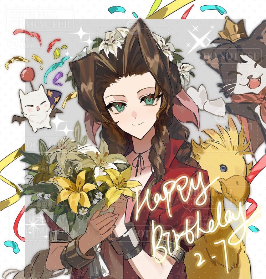 1girl aerith_gainsborough bangle bird black_fur border bouquet bracelet braid braided_ponytail brown_hair cait_sith_(final_fantasy) cape chocobo choker closed_mouth confetti creature crown dated dress final_fantasy final_fantasy_vii flower gloves green_eyes grey_background hair_flower hair_ornament hair_ribbon happy_birthday head_wreath highres holding holding_bouquet jacket jewelry linerhan long_hair mini_crown moogle open_mouth parted_bangs pink_dress pink_ribbon puffy_short_sleeves puffy_sleeves red_cape red_jacket ribbon ribbon_choker short_sleeves sidelocks single_braid smile sparkle streamers tuxedo_cat two-tone_fur upper_body white_border white_flower white_fur white_gloves yellow_flower