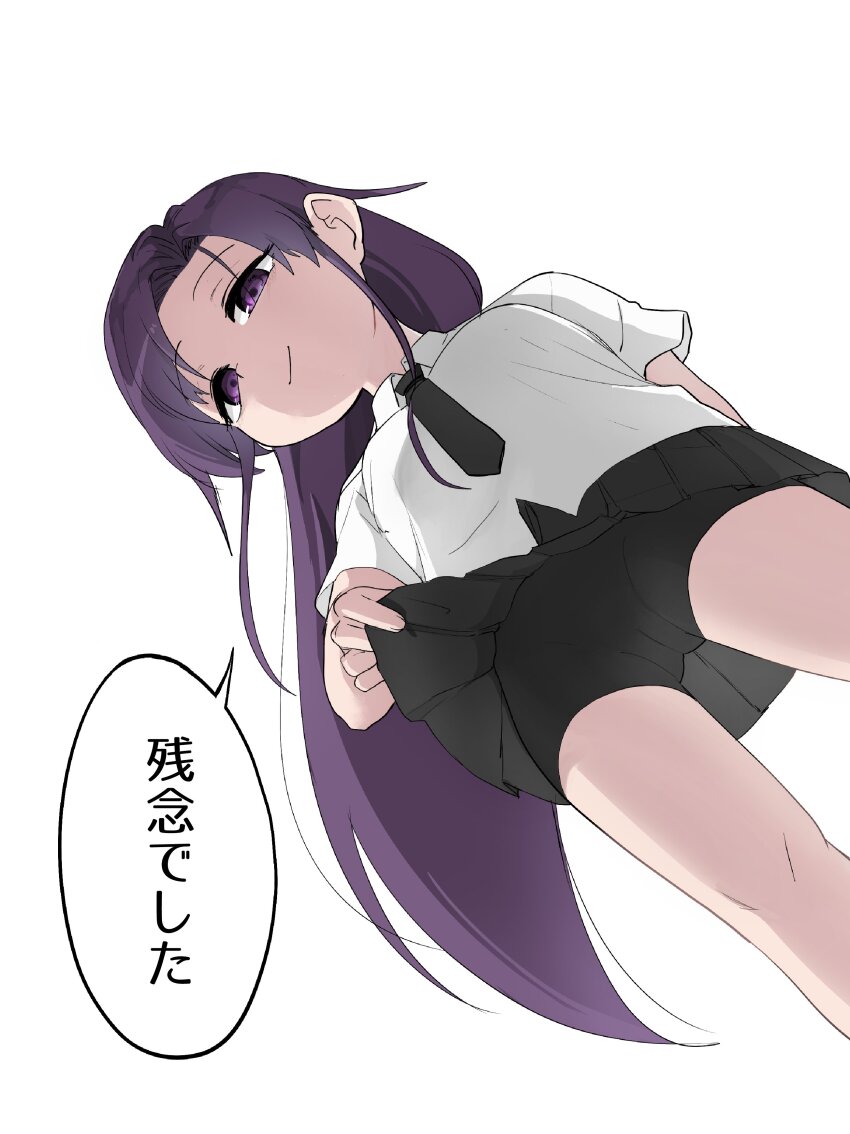 1girl absurdres bike_shorts bike_shorts_under_skirt black_shorts from_below fusuma_(suwaru_boom) goshiki_agiri highres kill_me_baby long_hair looking_at_viewer necktie purple_eyes purple_hair school_uniform shirt short_sleeves shorts shorts_under_skirt simple_background skirt smile solo translated white_background