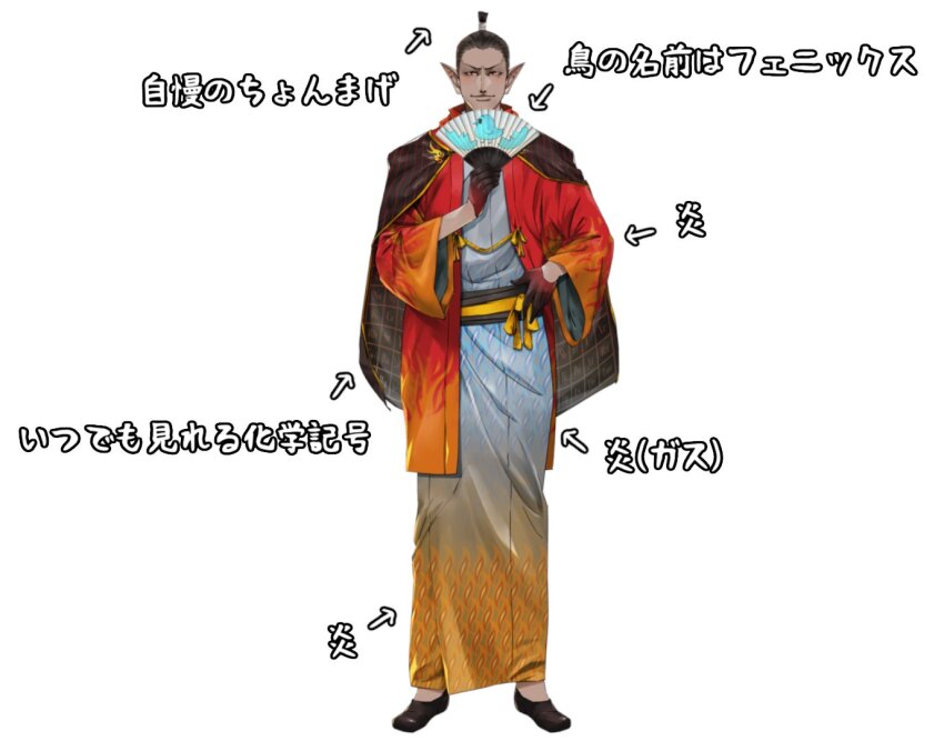 1boy black_footwear black_gloves black_sash closed_mouth coat dark-skinned_male dark_skin flame_print full_body gloves gradient_clothes gradient_kimono gwelu_os_gar gwelu_os_gar_(2nd_costume) hand_fan hand_on_own_hip haori holding holding_fan ikuyoan japanese_clothes kimono looking_at_viewer male_focus multicolored_clothes nijisanji obi obijime official_art paper_fan pointy_ears red_coat sash second-party_source simple_background smile solo tachi-e topknot translation_request virtual_youtuber white_background yellow_sash