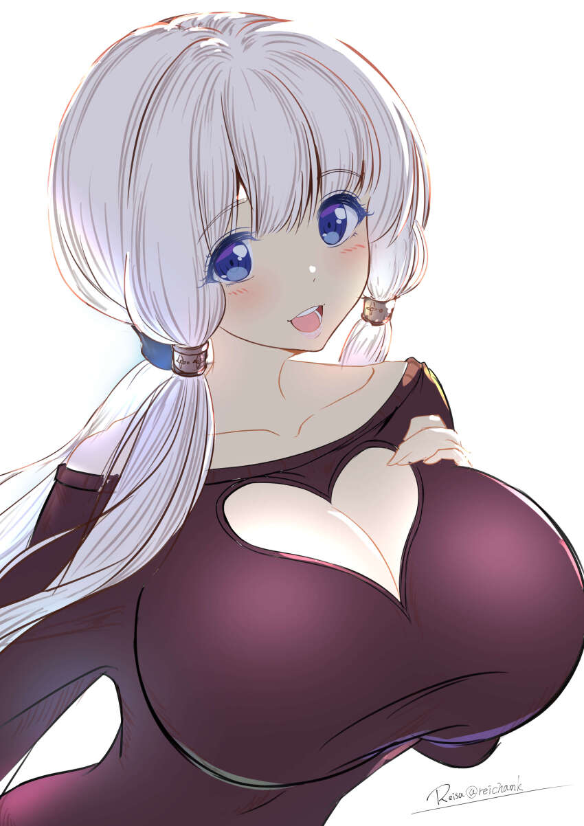 absurdres azur_lane bare_shoulders black_shirt blue_eyes blush breasts cleavage cleavage_cutout clothing_cutout hand_on_own_chest heart_cutout highres huge_breasts illustrious_(azur_lane) long_hair looking_at_viewer open_mouth ponytail reisa-aisaka shirt twintails white_background white_hair