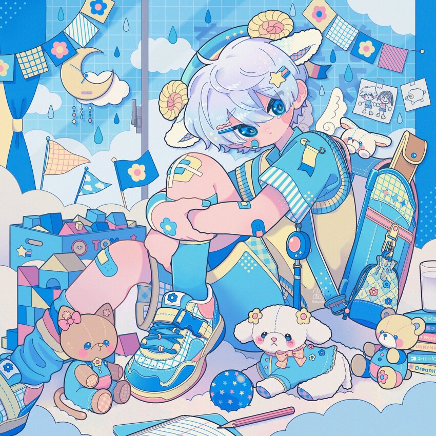 1boy animal_ears backpack bag bandaid bandaid_on_arm bandaid_on_cheek bandaid_on_face bandaid_on_knee bandaid_on_leg blue_eyes blue_hair blue_hat blue_shirt blue_shoes blue_shorts blue_socks blush_stickers closed_mouth cloud commentary foot_out_of_frame hair_between_eyes hair_ornament hat highres hugging_own_leg itousa looking_at_viewer male_focus original sheep_boy sheep_ears shirt shoes short_hair short_sleeves shorts sitting sneakers socks star_(symbol) star_hair_ornament stuffed_animal stuffed_cat stuffed_sheep stuffed_toy sweater_vest symbol-only_commentary teddy_bear yellow_sweater_vest