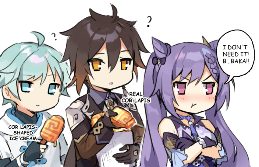 1girl 2boys ? annoyed bare_shoulders blue_eyes blue_hair blush bow braid brown_hair choker chongyun_(genshin_impact) cone_hair_bun confused craytm crossed_arms double_bun dress earrings eating english_text food genshin_impact gloves hair_bow hair_bun hair_ornament half-closed_eyes ice_cream jewelry keqing_(genshin_impact) low_ponytail multiple_boys ponytail pout purple_eyes purple_hair simple_background tsundere twintails white_background yellow_eyes zhongli_(genshin_impact)