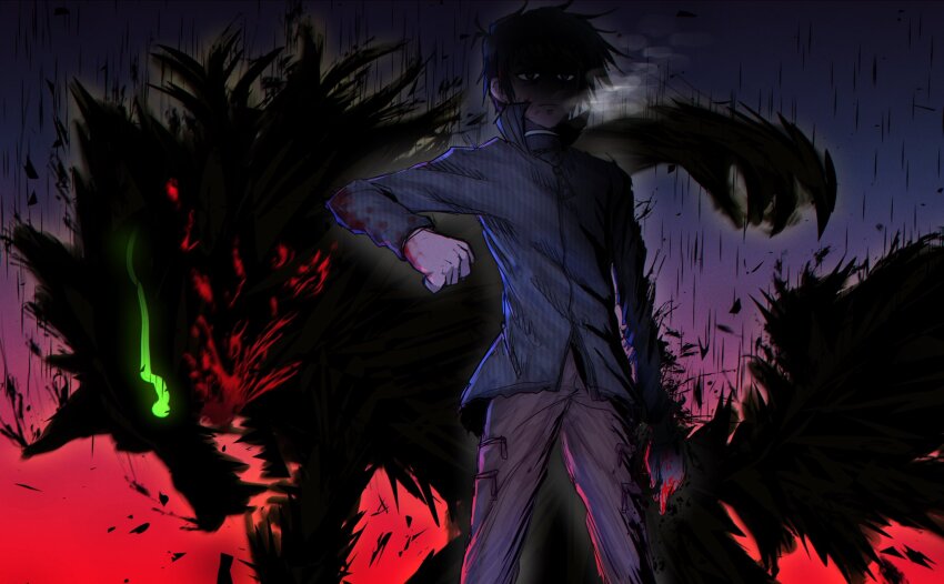 1boy 1other animal_ears black_eyes black_fur black_hair black_sweater blood blood_from_mouth blood_on_clothes blood_on_hands breath collared_jacket ebora fate/grand_order fate_(series) glowing glowing_eyes green_eyes high_collar highres jacket layered_clothes lugh_beowulf lugh_beowulf_(wolf) mahou_tsukai_no_yoru male_focus pants rain shaded_face shizuki_soujuurou short_hair sweater tail werewolf wolf wolf_ears wolf_tail zipper