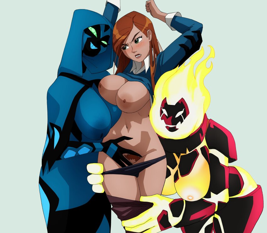 3girls absurdres alien ben_10 ben_10:_alien_force big_chill black_panties blue_sweater blush breasts brown_hair brown_skirt clothes_lift female_pubic_hair green_eyes gwen_tennyson heatblast highres huge_breasts inker_comics interspecies large_breasts long_hair multiple_girls nipples panties panty_lift pubic_hair shirt simple_background skirt skirt_lift sweater sweater_lift thighs underwear white_shirt