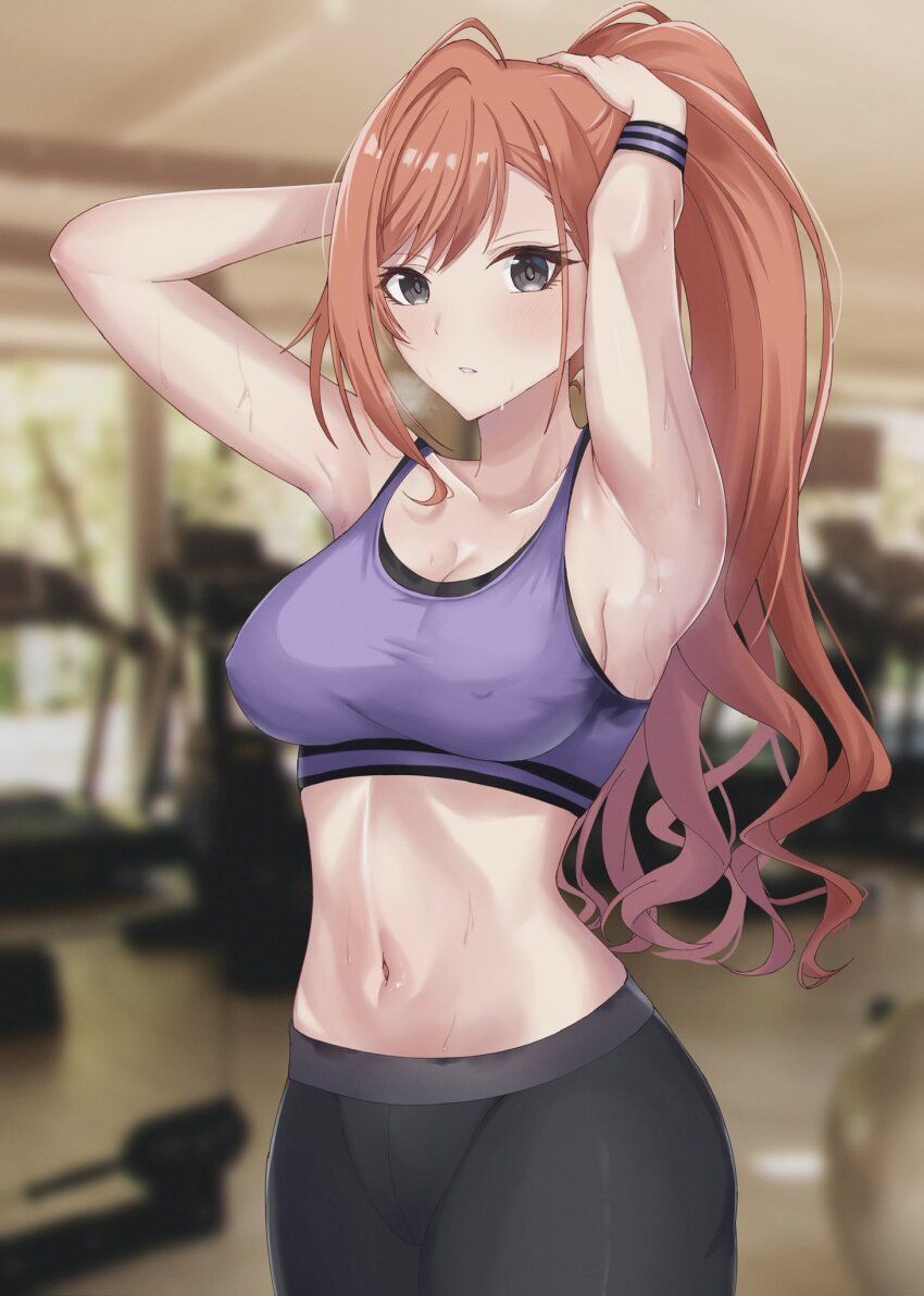 1girl 777nasu ahoge arisugawa_natsuha armpits arms_up bare_shoulders black_eyes black_pants blurry blurry_background blush breasts cleavage collarbone covered_erect_nipples cowboy_shot cropped_shirt gym gym_pants heavy_breathing highres idolmaster idolmaster_shiny_colors large_breasts long_hair looking_at_viewer midriff navel orange_hair pants parted_lips photo_background purple_shirt shirt sleeveless sleeveless_shirt solo standing sweat two-tone_wristband tying_hair