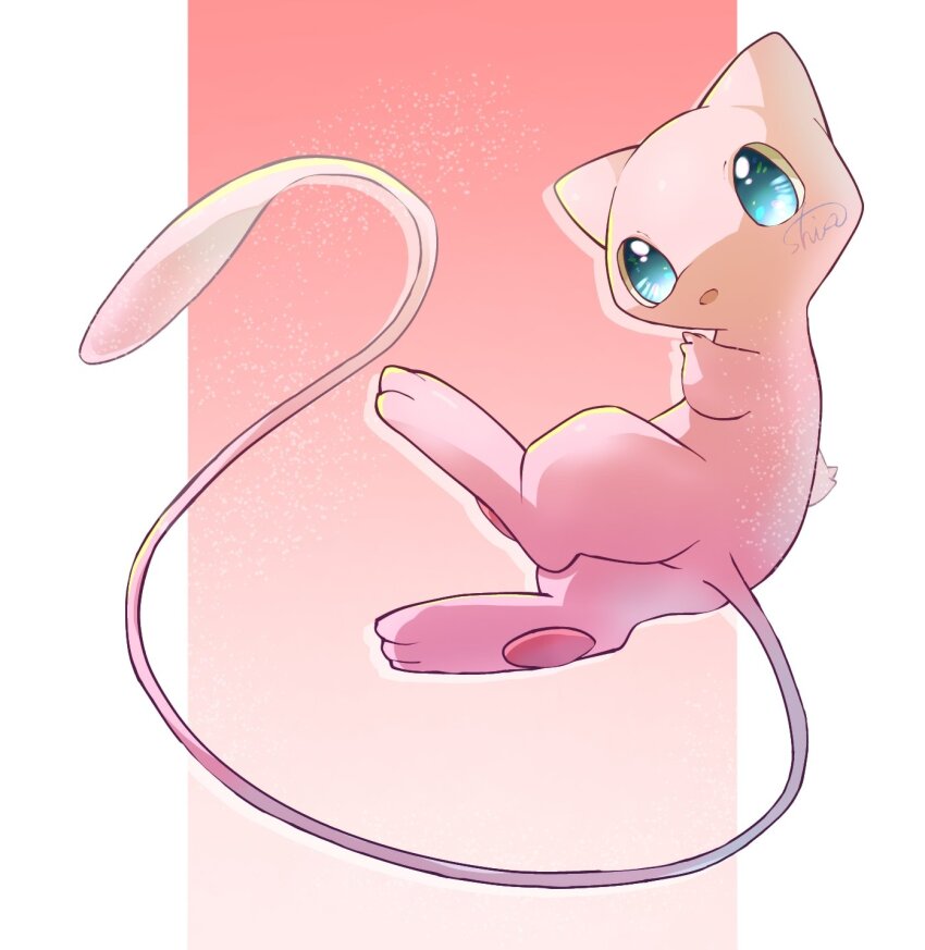 animal_focus artist_name blue_eyes floating from_side full_body gen_1_pokemon gradient_background hand_to_own_mouth hand_up highres legendary_pokemon mew_(pokemon) mythical_pokemon nintendo no_humans open_mouth outline pawpads pokemon pokemon_(creature) red_background shia_(shi12_poke) sideways_mouth signature simple_background solo