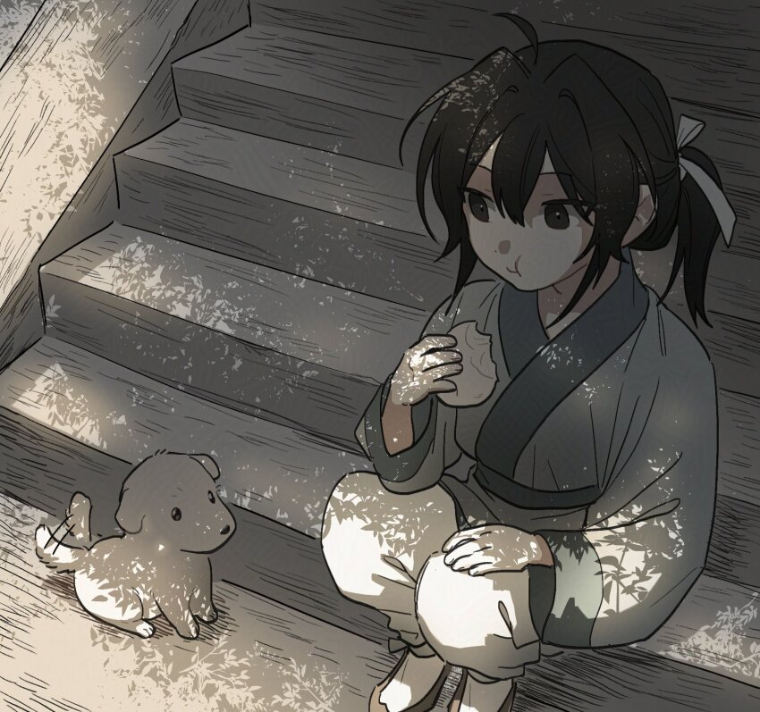 1boy aged_down ahoge bakku_(fspz4427) black_eyes black_hair blue_hanfu brown_shoes chinese_clothes closed_mouth dog eating food foot_out_of_frame hair_ribbon hanfu high_ponytail highres holding holding_food jinhongi korean_commentary long_hair long_sleeves looking_at_another male_focus outdoors pants ponytail puppy ribbon seol_young shoes sitting sitting_on_stairs solo stairs steamed_bun tree_shade white_pants white_ribbon wide_sleeves