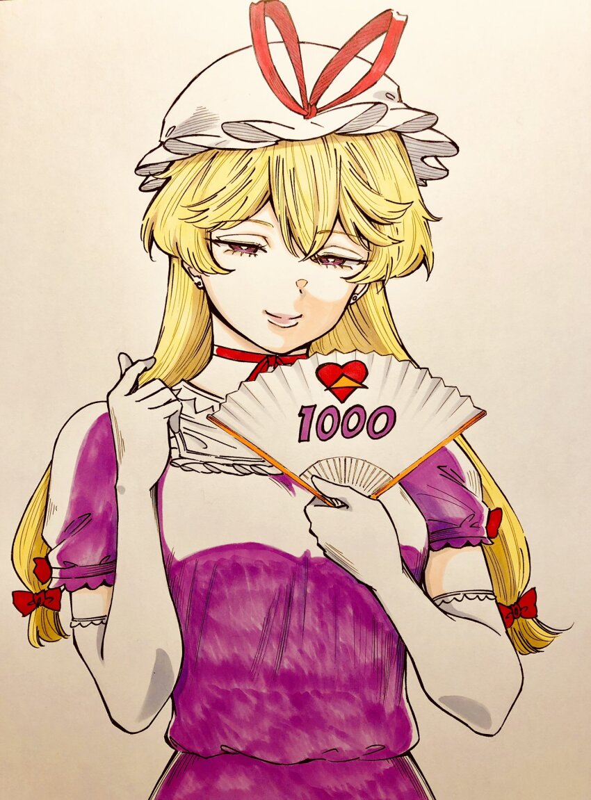 1girl blonde_hair bow breasts choker closed_mouth dress elbow_gloves frilled_sleeves frills gloves hand_fan happy hat highres holding holding_fan long_hair medium_breasts mob_cap puffy_short_sleeves puffy_sleeves purple_dress red_bow red_choker red_ribbon ribbon ribbon_choker s590220 seductive_smile short_sleeves simple_background smile solo touhou traditional_media upper_body white_background white_gloves white_hat yakumo_yukari yellow_eyes