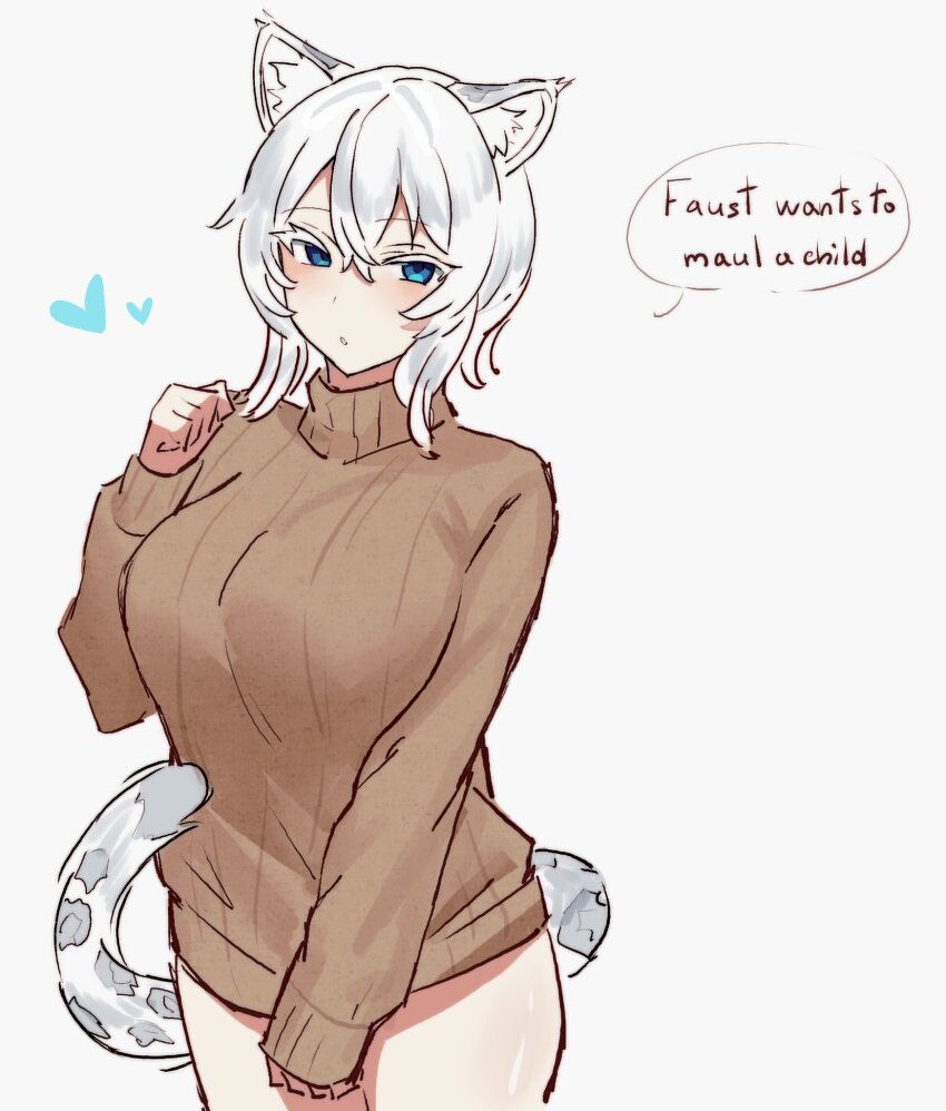 1girl animal_ears blue_eyes breasts brown_sweater covering_crotch covering_privates cowboy_shot double-parted_bangs english_text faust_(project_moon) hair_between_eyes heart highres huge_breasts limbus_company long_sleeves looking_at_viewer past_desiderium project_moon ribbed_sweater short_hair simple_background sleeves_past_wrists snow_leopard_ears snow_leopard_girl snow_leopard_tail solo speech_bubble sweater tail taut_clothes taut_sweater white_background white_hair